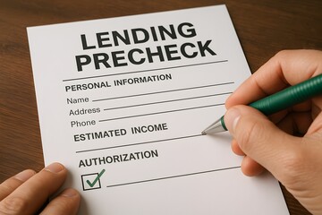 Filling out a Lending Precheck Form with a Pen. 