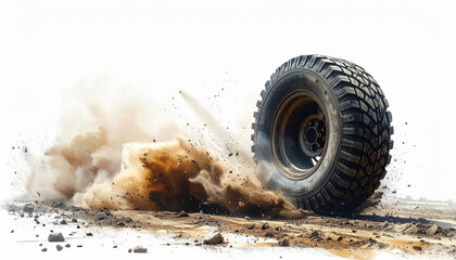 Off road tire kicking up dirt and dust sand