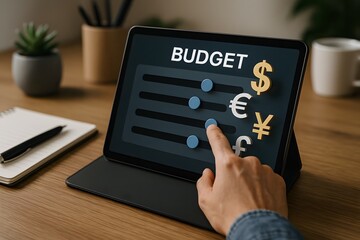 Close-up of a hand interacting with a budget interface on a tablet. 