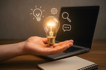 A creative concept showing an illuminated light bulb over a notebook and a laptop. 