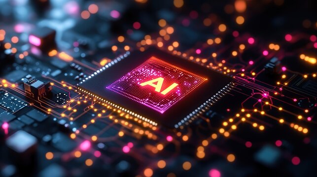 Close - up of AI Chip on Circuit Board with Neon Lights