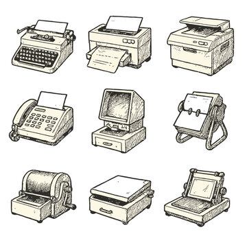 Vintage office equipment icons in hand-drawn sketch style on gold background