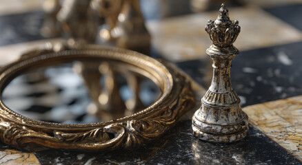 Decorative chess queen piece stands elegantly on marble chessboard beside ornate gold mirror