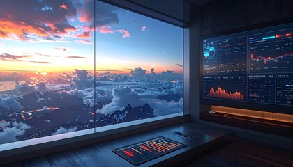 Room views landscape sunrise over clouds, with screens displaying charts and data