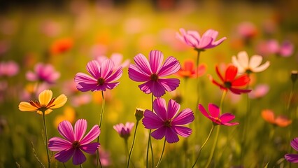 Fototapeta premium A field of bright cosmos flowers bathed in warm sunlight, creating a dreamy and vibrant scene.