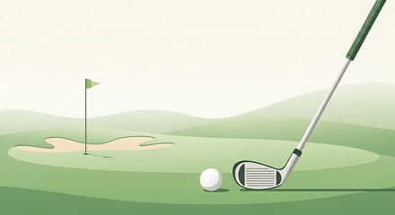 Golf club poised to strike a golf ball on a green course with a flag and sand trap in the background.