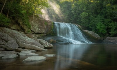 Waterfall cascading into a tranquil pool, bathed in morning light. Lush green forest surrounds the scene