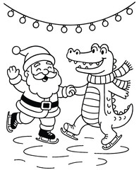 Santa and Crocodile Ice Skating Holiday Coloring Page