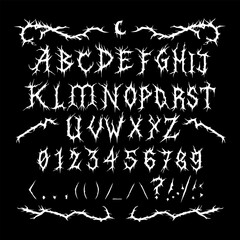 A gothic thorn-style font set featuring uppercase letters, numbers, and symbols. The sharp, spiky design creates a dark and edgy aesthetic.