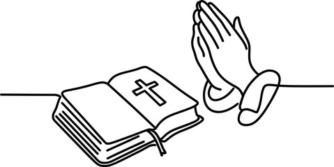 Minimalist line drawing of open bible with cross and praying hands