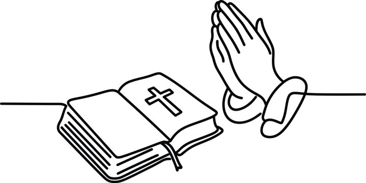 Minimalist line drawing of open bible with cross and praying hands