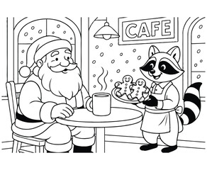 Santa at Café with Raccoon Waiter Serving Gingerbread Cookies – Holiday Coloring Page