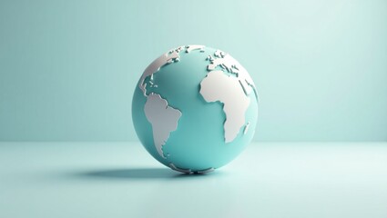 A light teal colored globe with white continent outlines sits on a pale blue surface.