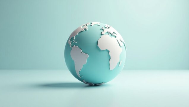 A light teal colored globe with white continent outlines sits on a pale blue surface.