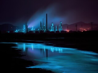 Fototapeta premium A night view of an industrial complex illuminated with blue lights, reflecting on water, surrounded by mountains and a dark sky.