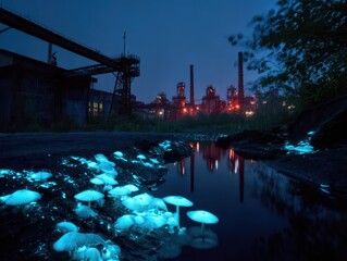 Bioluminescent mushrooms glow beside a dark stream, with industrial structures illuminated in the background, creating a striking juxtaposition of nature and industry.