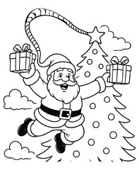 Santa Bungee Jumping from Giant Christmas Tree with Presents – Holiday Coloring Page