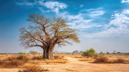 Obraz premium Baobab on dry sandy savannah in Africa concept. A majestic baobab tree standing alone in a vast desert landscape.