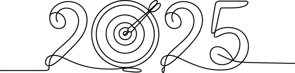 Continuous line drawing of the year 2025 with a bullseye target