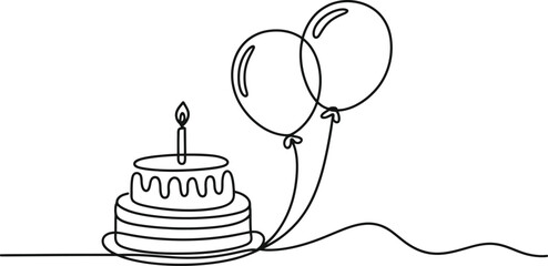 Simple line drawing of a birthday cake with balloons and candle