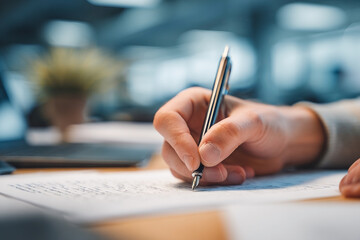 Close-up hand holding pen writing on paper, business office environment