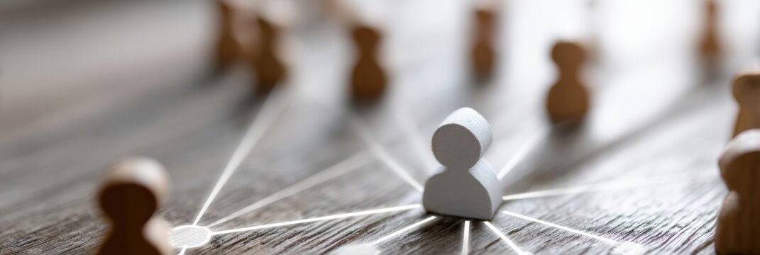 White pawn representing a leader standing in the center of a network connecting with wooden followers, symbolizing teamwork, leadership, and business strategy