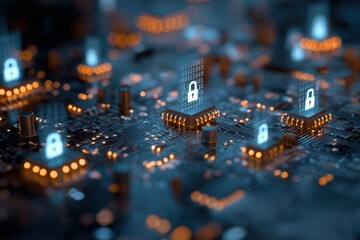 a blue circuit board with white icons of locks and binary code, representing the concept of data security in cyber protection technology Generative AI