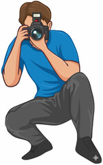 Man with a camera crouches down, taking a photograph.