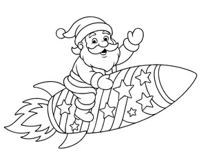 Santa Flying on Christmas Rocket – Holiday Coloring Page