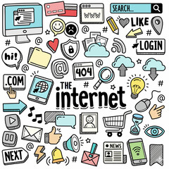 A whimsical illustration showcasing various internet-related icons and symbols in a doodle style.