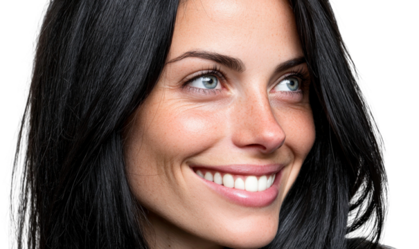 Close-Up Portrait of a Smiling Woman with Long Dark Hair and Bright Eyes on a White Background