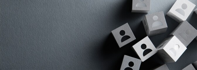 Concrete cubes featuring user icons symbolize human resources, arranged against a dark background, reflecting business and recruitment themes