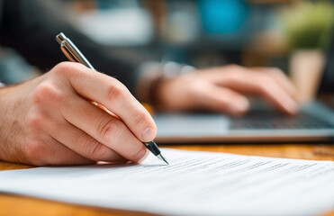 Hand meticulously completing a contract, blending traditional writing with digital technology