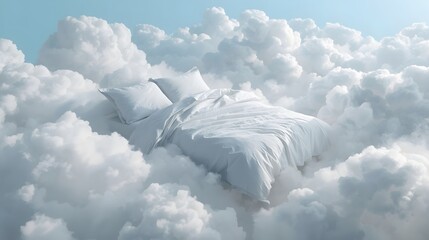 Dreamlike surreal concept of cozy white bed floating on fluffy soft clouds in blue sky, symbolizing comfort, relaxation, sleep, imagination, fantasy and peaceful serenity atmosphere