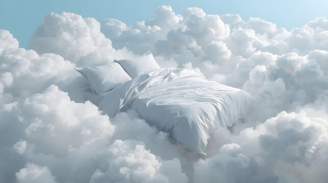 Dreamlike surreal concept of cozy white bed floating on fluffy soft clouds in blue sky, symbolizing comfort, relaxation, sleep, imagination, fantasy and peaceful serenity atmosphere