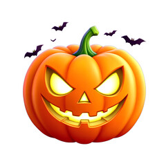 Fototapeta premium Scary Halloween Jack-o'-lantern with glowing eyes and flying bats, a spooky tradition for haunted holidays and festive autumn celebrations