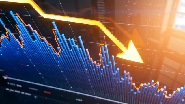 Stock market graph with a large downward arrow indicating financial decline and market crash