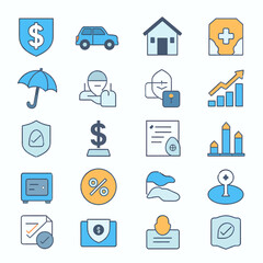 Modern business insurance icons: finance, safety, growth, and protection concepts
