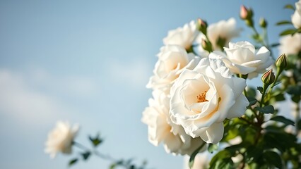 Close-up of white bush roses in full bloom against a soft blue sky, embodying spring garden beauty.