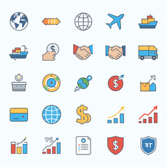 Global business finance and logistics icons for modern corporate strategy and growth

