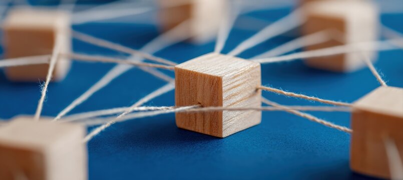 Network of wooden cubes connected with string visualized on blue background representing connection, teamwork, partnership, communication, social media or blockchain