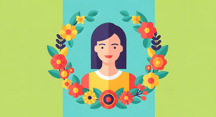 Flat Vector Portrait Illustration with floral decoration