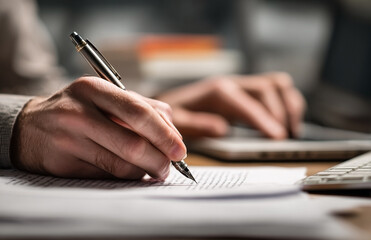 Close-up on handwritten document with fountain pen and blurred digital workspace