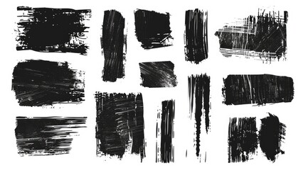 A collection of various black paint strokes on a white background, showcasing different textures and brushstrokes.  The strokes vary in length, width, and opacity