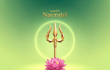 Navratri poster-Minimalistic realistic poster of Maa Durga’s trishul and lotus placed against a soft glowing background, elegant golden typography reading ‘Happy Navratri’