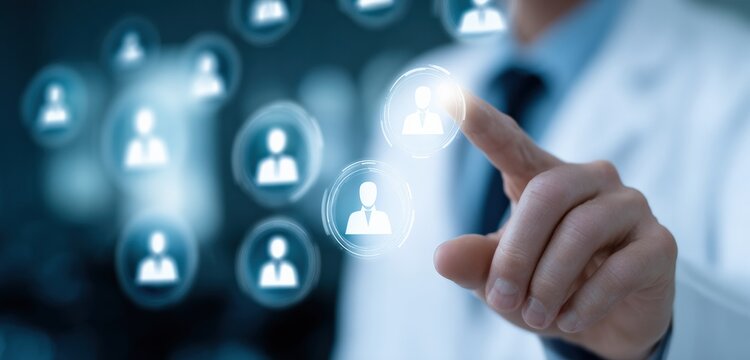 Doctor pointing finger to select person icon in virtual touchscreen interface, concept of human resources, technology, communication, social media, business and medicine - Powered by Adobe