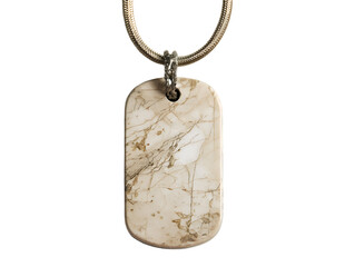 Closeup of a dog tag pendant hanging from a silver chain isolated on transparent background