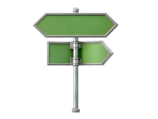 Obraz premium Green directional signpost with two arrows isolated on transparent background