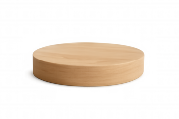 Wooden cylindrical podium standing on transparent background, presenting minimalist display surface for product highlighting