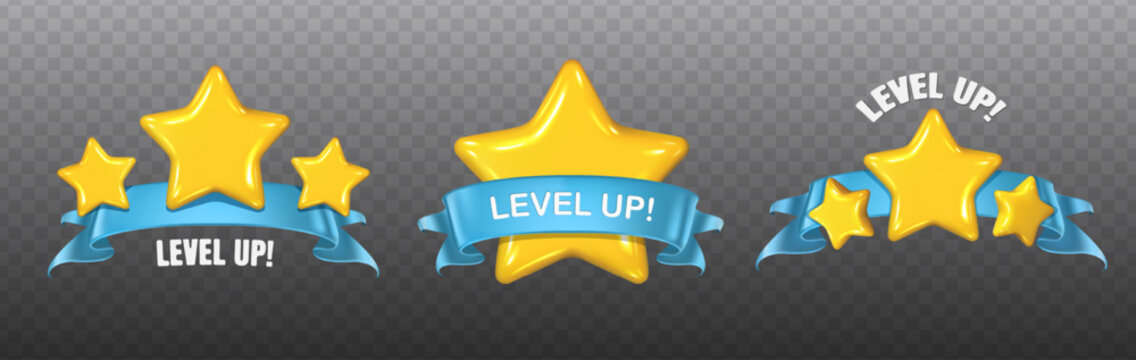 3d realistic vector icon illustration. Gaming button with yellow star for level-up and ribbon. Isolated set of buttons.